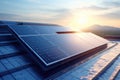 Innovative solar panels on the roof of a house, illuminated by the rays of the morning sun