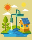 An innovative solarpowered water pump that supports a communitys basic needs in a remote island village.. Vector Royalty Free Stock Photo