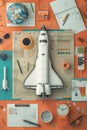 Innovative Space Exploration Theme with Creative Office Supplies on Desk Featuring Space Shuttle Model, Globe, Rocket, Coffee, Royalty Free Stock Photo