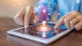 Innovative start up concept person with tablet featuring rocket symbol for business launch Royalty Free Stock Photo