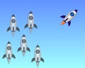 Innovative startup banner business concept. Think different concept with flying rocket in the space. Choosing another path