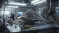 Innovative stingray prototype development in high-tech lab underwater robotics futuristic environment close-up view