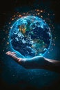 Innovative tech connects hands and Earth in global network, symbolizing science and communication advancements.
