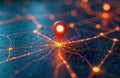 Innovative tech map shows route path. AI GPS point highlights new location. Future transport logistics concept. Smart navigation