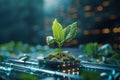 Innovative tech plant sprouts from computer, representing digital growth