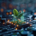 Innovative tech plant sprouts from computer, representing digital growth