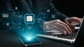Innovative technology concept with digital chip design and modern laptop alongside smartphone illustrating connectivity Royalty Free Stock Photo