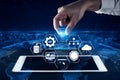 Innovative Technology Concept with Hand Selecting AI Icons and Elements over Digital Tablet and Global Network Royalty Free Stock Photo