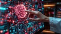 Innovative technology concept showcasing hand interacting with digital interface, featuring glowing network sphere. This evokes Royalty Free Stock Photo