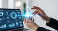 Innovative technology hands interacting with futuristic digital data displays and graphs Royalty Free Stock Photo