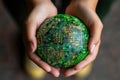 Innovative technology represented as a glowing circuit globe held in hands symbolizing global connectivity and Royalty Free Stock Photo