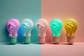 Innovative Thinking and Success Concept - Row of Colored Light Bulbs on Pastel Backgrounds, Generative Ai Royalty Free Stock Photo
