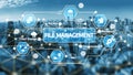 Modern File Management Concepts with Cloud Storage, Backup, Compression and Bookmark Visualization Over City Skyline Royalty Free Stock Photo
