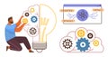 Innovator Integrating Gears into Light Bulb Amid Tech and Cloud Interfaces Highlighting Creativity Royalty Free Stock Photo