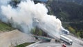 Innsbruck, Austria. Burning truck on the Brenner motorway near the Europa bridge. Highway between Austria and Italy