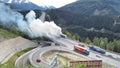 Innsbruck, Austria. Burning truck on the Brenner motorway near the Europa bridge. Highway between Austria and Italy