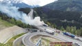 Innsbruck, Austria. Burning truck on the Brenner motorway near the Europa bridge. Highway between Austria and Italy