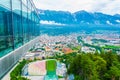 INNSBRUCK, AUSTRIA, JULY 27, 2016: View of the track of the Bergisel ski jump stadium overlooking Innsbruck town in