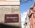 Innsbruck, Austria - March 20.2019: Sign in City Center, Mundigplatz, Square in City in Tirol. Sunny day in the old city of