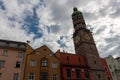 Famous 15th-century watchtower with copper-covered onion dome and observation deck