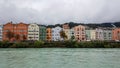 Innsbruck, Tirol/Austria - September 19 2017: Colored houses on the river bank of the Inn