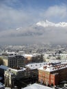 Innsbruck in winter with snow on rooftops and view on the mountains, 2012