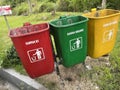 Inorganic organic waste bins of various colors in public places and parking lots