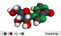 Inosine molecule. It is purine nucleoside, commonly occurs in tRNA. 3D rendering