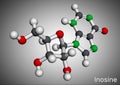 Inosine molecule. It is purine nucleoside, commonly occurs in tRNA. Molecular model. 3D rendering