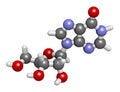 Inosine nucleoside molecule. 3D rendering. Found in tRNA. Used as fitness nutritional supplement. Atoms are represented as