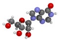 Inosine nucleoside molecule. 3D rendering. Found in tRNA. Used as fitness nutritional supplement. Atoms are represented as