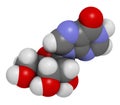 Inosine nucleoside molecule. 3D rendering. Found in tRNA. Used as fitness nutritional supplement. Atoms are represented as