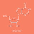 Inosine nucleoside molecule. Found in tRNA. Used as fitness nutritional supplement. Skeletal formula.