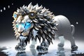 inox lion, quick silver liquid glossy, reflective, exploding through ice, ornate details, fractal patterns, scattered shards and
