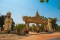 The input gate. Mya Tha Lyaung Reclining Buddha. Sculptures of mythological animals at the entrance. Chinthe. Bago. Myanma.