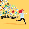 Input overloading. Information overload concept. Young woman running away from information stream. Concept of person Royalty Free Stock Photo