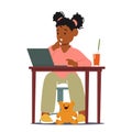 Inquisitive Child Girl Character Seated At Desk, Engrossed With A Laptop. Curiosity Evident On Her Face, Illustration