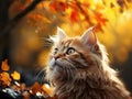 An inquisitive feline marvels at the golden hues of autumn. AI generation