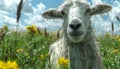 Inquisitive goat looking at the camera in a wildflower meadow with a sunny sky above Royalty Free Stock Photo