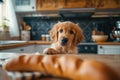 Inquisitive Golden Retriever Longing for a Tasty Sausage. Royalty Free Stock Photo