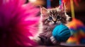 An inquisitive kitten reclining on its back under a colorful, feathered toy suspended in the air,