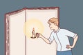 Inquisitive man with candle illuminates pages giant book in effort to gain knowledge. Vector image Royalty Free Stock Photo