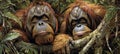 Inquisitive orangutans roaming high in the lush jungle canopy, exploring the dense treetops