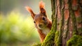 Inquisitive Red Squirrel Peering From Tree Hollow