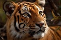 An inquisitive sabertoothed tiger its ears perked in curiosity as it listens for sounds.. AI generation