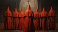 Inquisitorial Vigil: Spanish Inquisition Before Ornate Cross in Historic Church