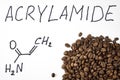 inscription acrylamide chemical formula and black coffee beans containing acrylamide on a white background