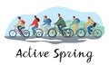 The inscription Active Spring. A large group of people men and women ride bicycles