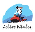 The inscription active winter. Extreme girl rides a snowmobile in the mountains