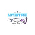 Inscription - Adventure Dreams come true, adventure lettering. Vector illustration of a surf, a palm, a diving mask Royalty Free Stock Photo